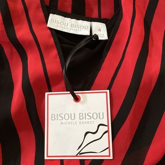 Bisou Bisou Red Black Stripe Sheer Top Slit Sleeve Layered Sheath Mini Dress 4 - Picture 6 of 8